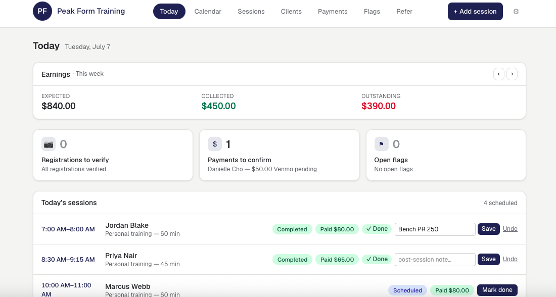 Skye dashboard for personal trainers: the day's bookings, client balances, and message history (demo data)